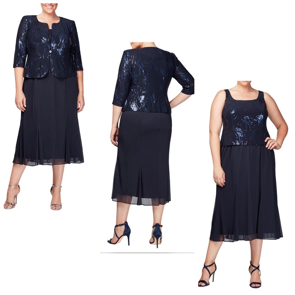 NWT/ NWOT Alex Evenings Tea Length Firework Sequin Jacket Dress Navy